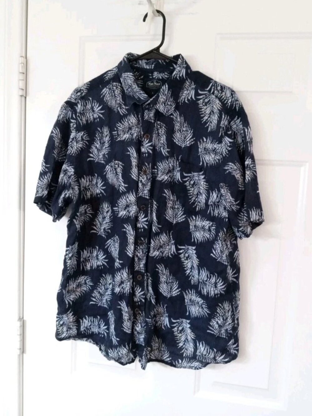 Nat Nast Luxury Original Men's Large 100% Linen Navy Blue Floral Hawaiian Shirt